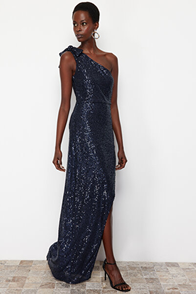 Trendyol Collection Námořnická modrá Pletené flitrové noční šaty s jedním rukávem TPRSS24AE00028