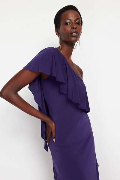 Trendyol Collection Purple Waist Opening/Skater Knitted Elegant Evening Dress TPRSS24EL00096
