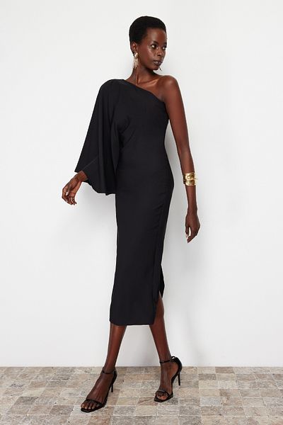 Trendyol Collection Φόρεμα Ασύμμετρος γιακάς Μαύρο Μονόμανικο - TPRSS24EL00056
