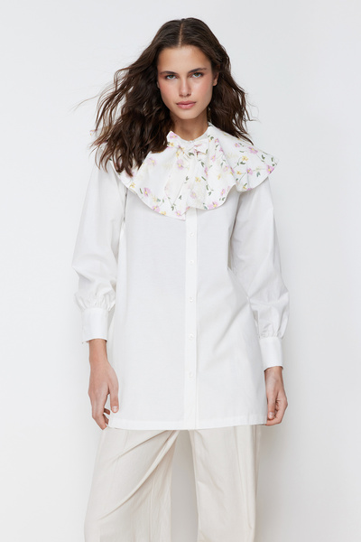 Trendyol Modest Ecru velký vyšívaný dětský límec bavlněná tkaná košile TCTSS24TG00025