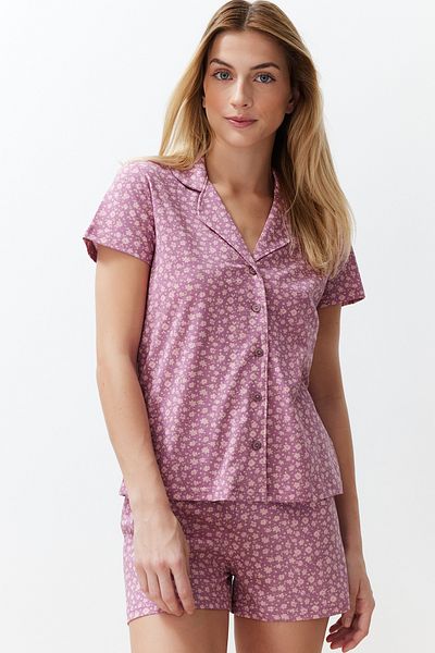 Trendyol Collection Cotton Dusty Rose Floral Print Pajamas Set - Thmss24Pt00201
