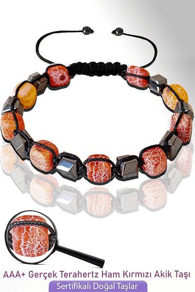 Tesbih Atölyesi Raw Red Agate Stone Certified Cube Model Bracelet - Adjustable