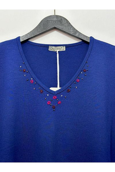 Desen Triko Women's V-Neck Three-Quarter Sleeve Collar Embroidered Combed Cotton Blouse