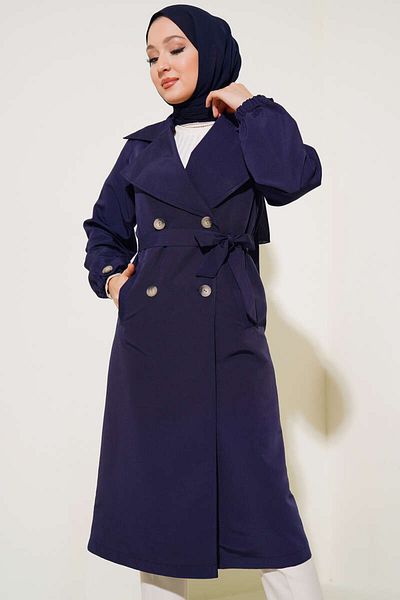 My Blog Women's Navy Blue Sleeve Rubber Detail Trench Coat