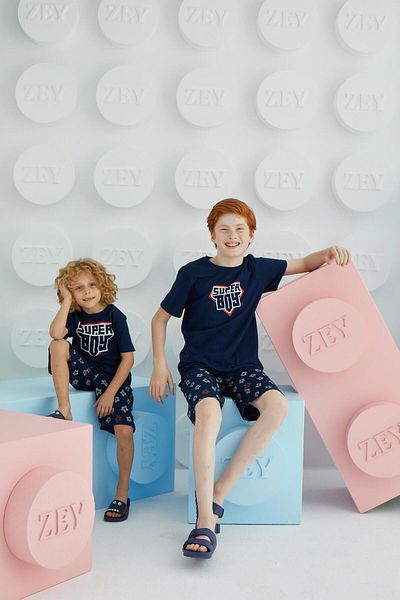 Sevim Boy's Short Sleeve Navy Blue Pajamas Suit C2T5N68