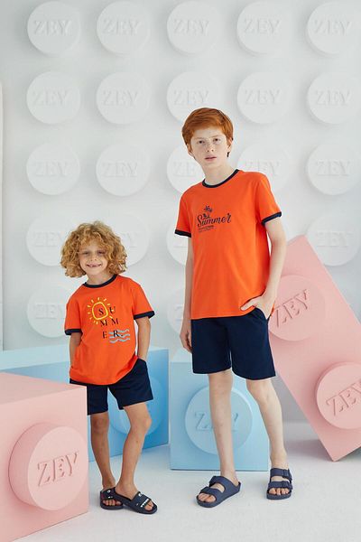 Sevim Boy's Short Sleeve Orange Shorts Set C7T5N68