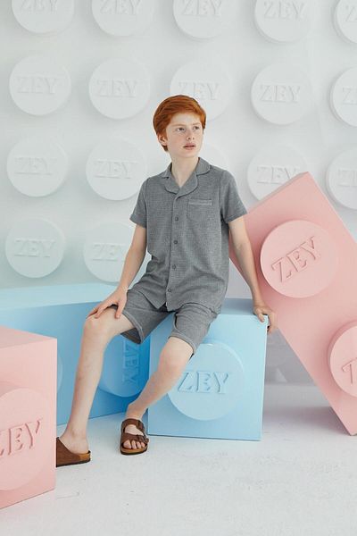 Sevim Men's Waiter Short Sleeve Front Buttoned Gray with Melange Shorts Pajamas Suit C0T2N68