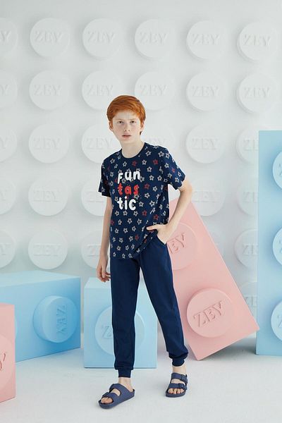 Sevim Men's Waiter Short Sleeve Navy Blue Pajamas Suit C1T5N68