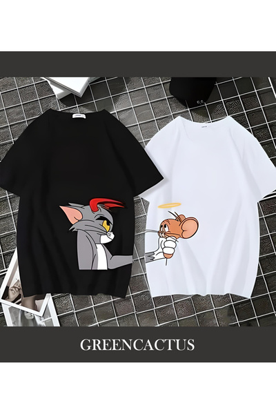 GREENCACTUS Tom jerry baskılı sevgili çift kombını siyah beyaz unisex tshirt
