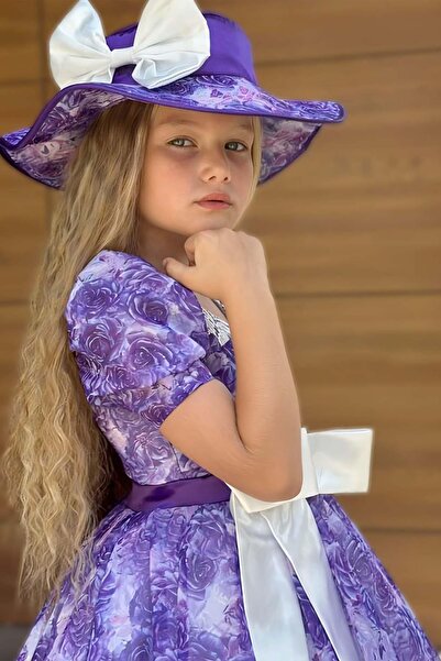 Riccotarz Kız Çocuk Üzeri Gül Baskılı Yakası ve Etek Ucu Dantel İşlemeli Mor Elbise