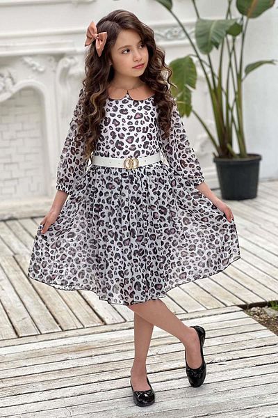 Riccotarz Girl's Baby Collar Leopard Patterned Pleated White Dress with Belt