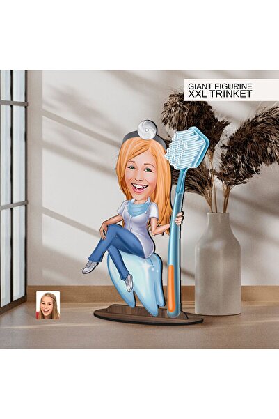 Bk Gift Kişiye Özel Diş Hekimi Karikatürlü Büyük Boy Ahşap Biblo-2 Arkadaşa H...