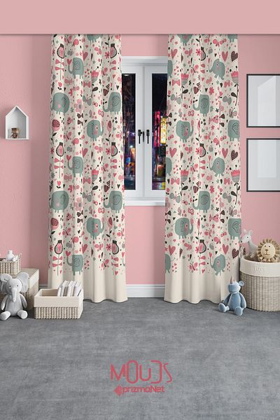 Moud's Sweet Elephant Patterned Background Curtain Children's and Baby's Room Suede Printed Extrafor Drawstring 2 Wings PRD-55
