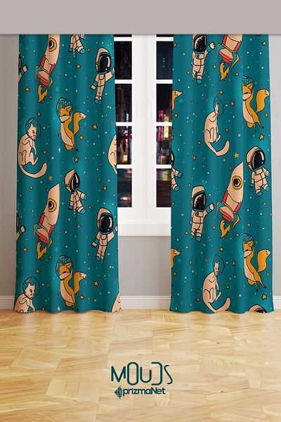 Moud's Space Fox Cat Patterned Background Curtain Children's and Baby's Room Suede Printed Extrafor Drawstring 2 Wings PRD-53