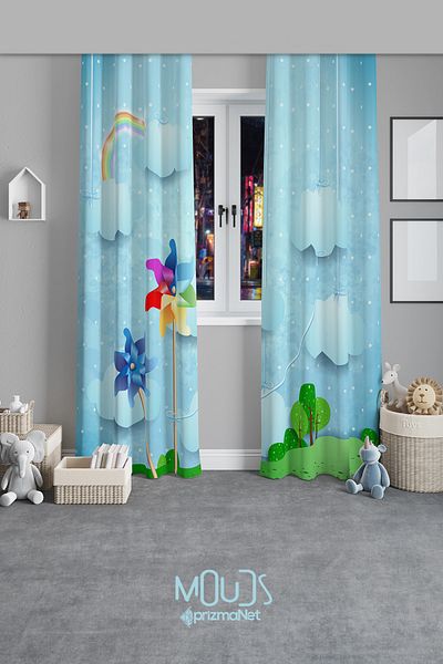 Moud's Wind Rose Patterned Background Curtain Children's and Baby's Room Suede Printed Extrafor Drawstring 2 Sash PRD-60