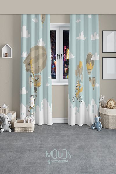 Moud's Flying Animals Patterned Background Curtain Children's and Baby's Room Suede Printed Extrafor Drawstring 2 Wings PRD-61