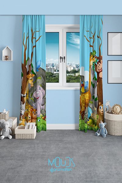 Moud's Sweet Animals Patterned Background Curtain Children's and Baby's Room Suede Printed Extrafor Drawstring 2 Wings PRD-62