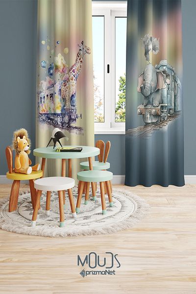 Moud's Elephant and Giraffe Patterned Background Curtain Children's and Baby's Room Suede Printed Extrafor Drawstring 2 Wings PRD-65