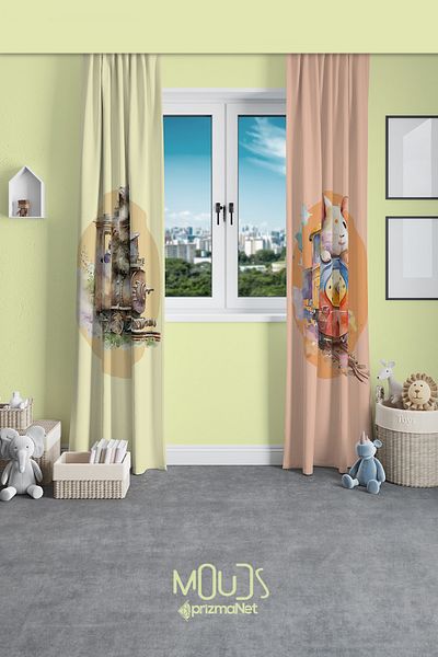 Moud's Teddy Bear and Mouse Patterned Background Curtain Children's and Baby's Room Suede Printed Extrafor Drawstring 2 Wings PRD-63