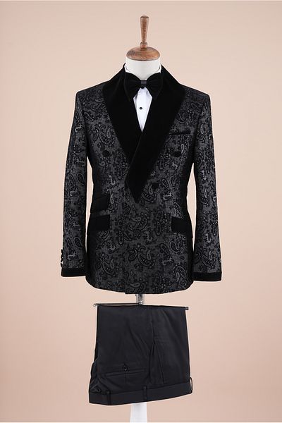 LONATOLİA Men's Jacquard Patterned Double-breasted Groom Suit Slim fit Italian Style Jacket Trousers Bow Tie-Black