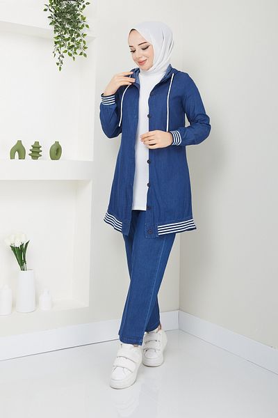 Pamuk Butik Γυναικείο Σετ Μπλε Τζιν Παντελόνι Διπλό