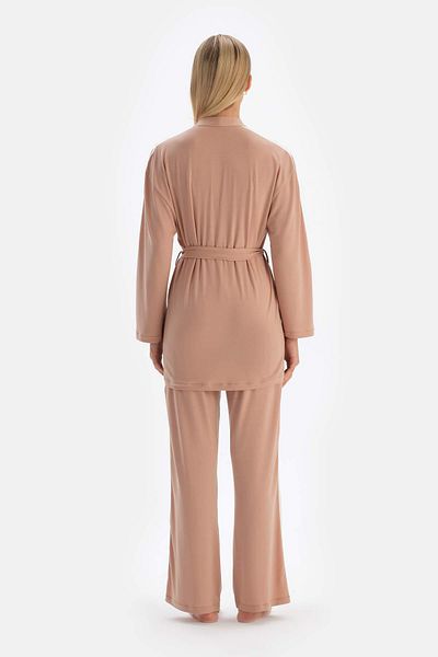 Dagi Basic Morning Gown - Ανοιχτό καφέ με λεπτομέρεια γραβάτας
