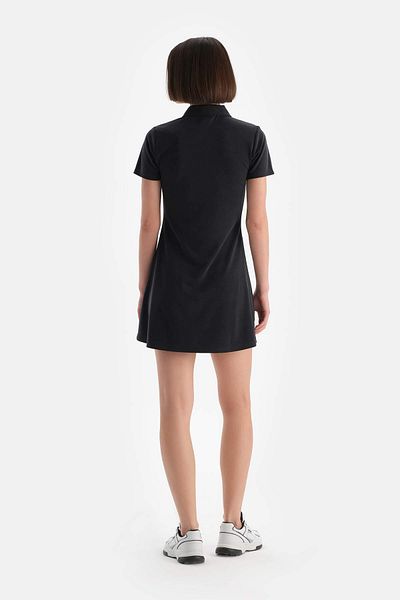 Dagi Schwarzes Modalkleid für Damen – Halbärmelig und Knopfleiste vorne