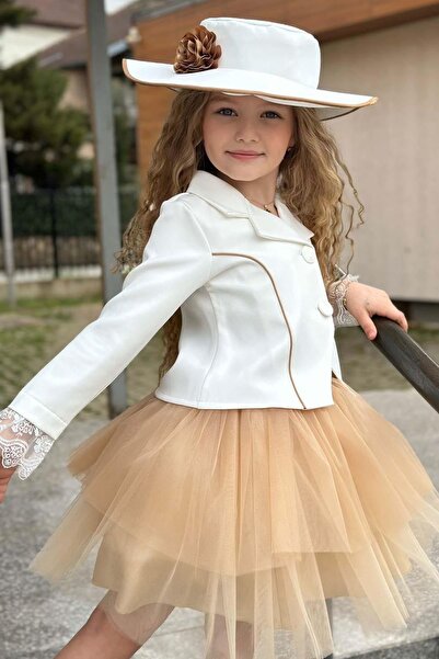 Riccotarz Girl's Ankles Lace Blazer Jacket Layered Tulle Brown Skirt Suit
