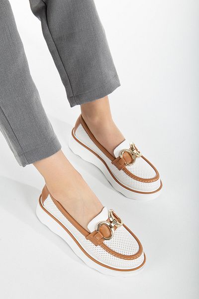Tonny Black Women's White Tan Comfortable Fit Front Buckle Thick Sole Loafer