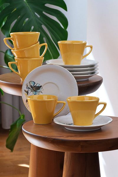 Glore Asian Blue Flower 12-Piece 6-Person Gold Gilded Ceramic Tea and Nescafe Set