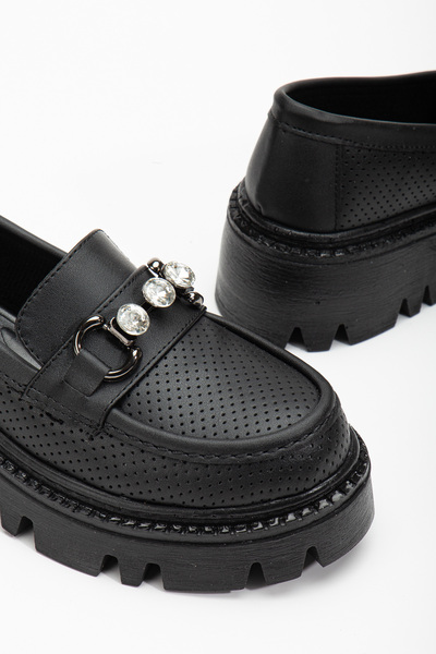 Tonny Black Dámská černá kůže pohodlného střihu přední přezka tlustá podrážka mokasína