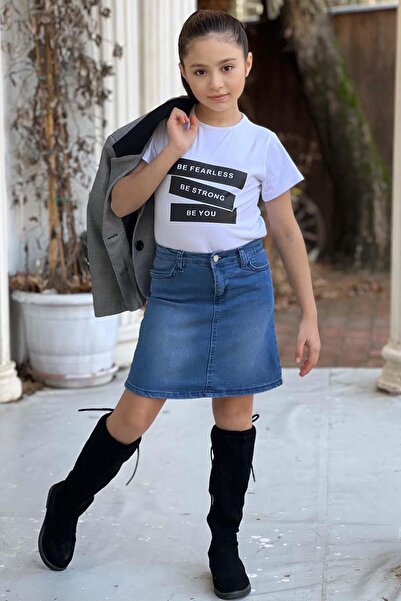 Riccotarz Tricou cu imprimeu text pentru fete, cu buzunar, sacou blazer în carouri Set de fuste din jean albastru