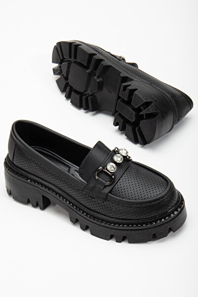 Tonny Black Dámská černá kůže pohodlného střihu přední přezka tlustá podrážka mokasína