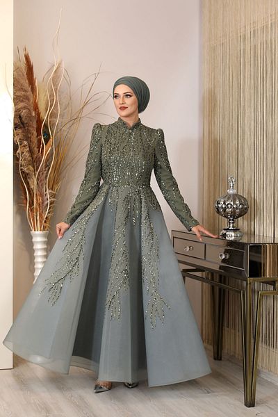 Surikka Front Sconce Detailed Lace-up Princess Evening Dress Khaki