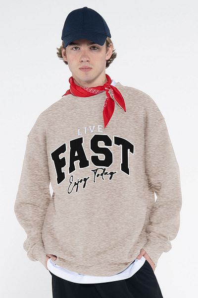 Friday Offset Fast Men's Gray Melange Crew Neck Extra Oversize Sweatshirt - Raised 3 Thread