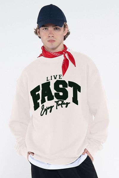 Friday Offset Fast Men's Off-White Crew Neck Extra Oversize Sweatshirt - Raised 3 Thread
