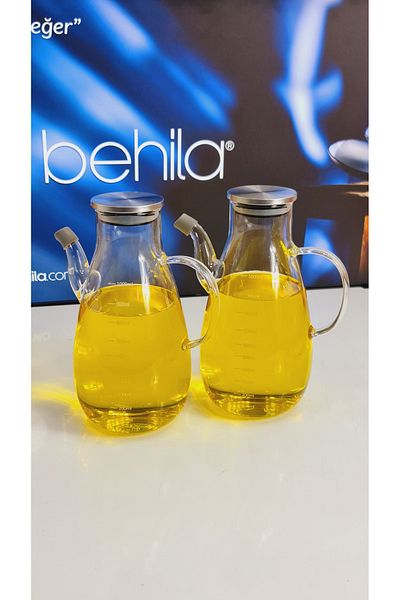 behila Maya 1000 ml Glass Borosilicate Oil Pot with Metal Lid/Vinegar Sippy-Free Oil Pot 2 Pieces