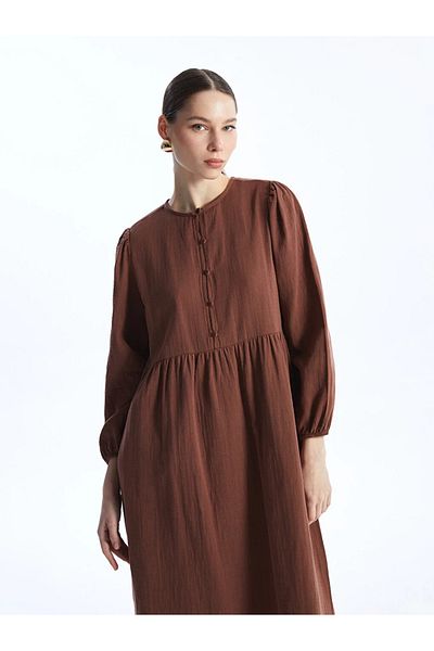 LC Waikiki Γυναικείο φόρεμα LCW Modest Crew Neck μονόχρωμο μακρυμάνικο μουσελίνα
