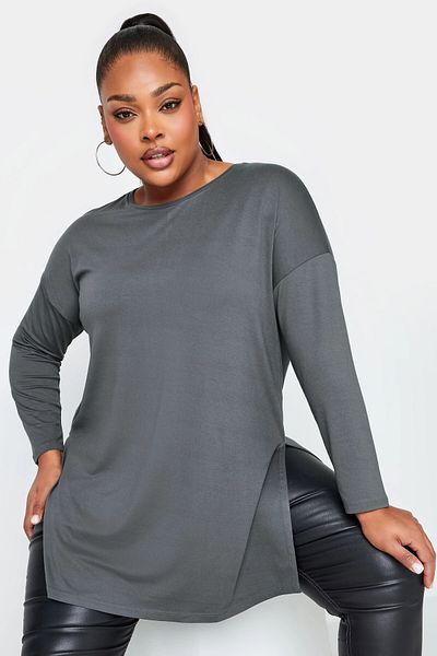 Stil Diva Plus Size Crew Neck Slit Detailed Long Sleeve Oversize Blouse321294