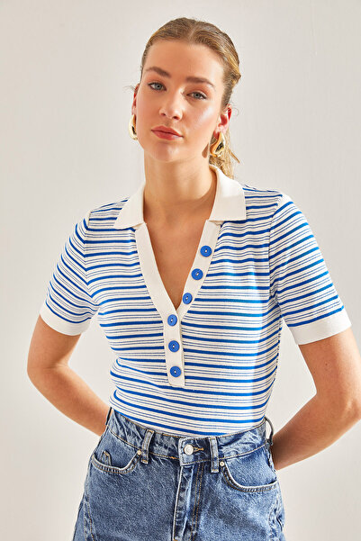 Bianco Lucci Kadın Yaka İlikli Çizgili Triko Bluz 20246074