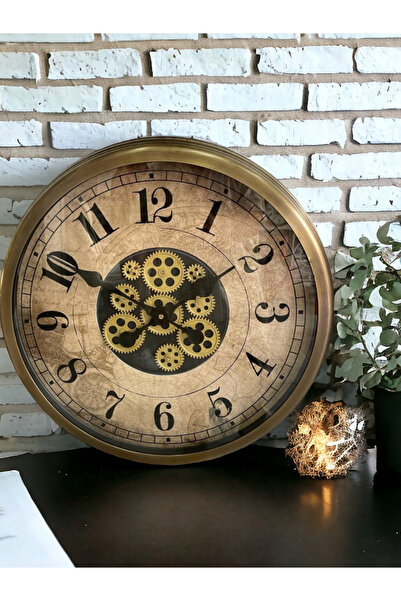 Bahat Metal Eskitme Çarklı Otel Ofis Salon Duvar Saati Çap 60 cm