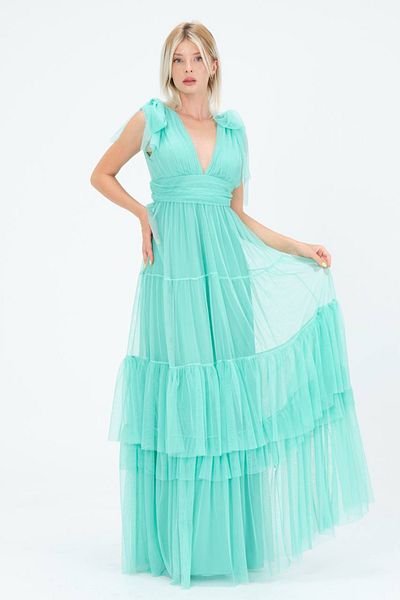 Neşeli Butik γυναικείο μέντα φόρεμα βραδινό φόρεμα από τούλι με λαιμόκοψη V NBS9271