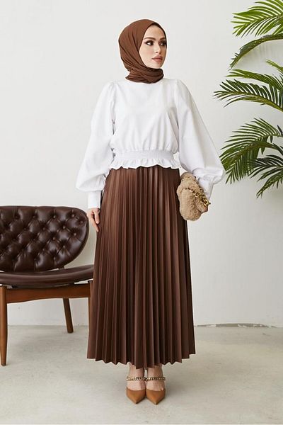 Pera Pelis Ψηλόμεση ελαστική καφέ πλισέ φούστα - Hijab γιακά μακριά φούστα με πλισέ