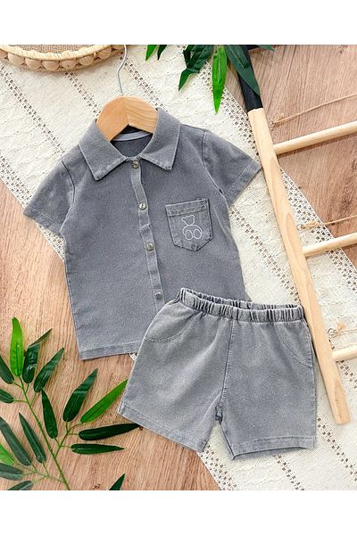 hümabebe Line Teddy Bear Back Detail Front Snap Fastener Knitted Jeans Summer 2-Piece Set