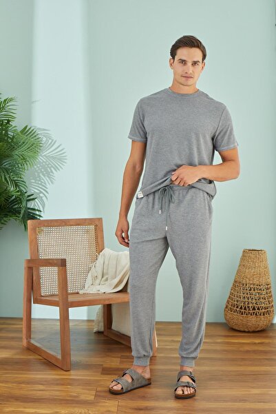 Sevim Men's Short Sleeve Gray Melange Pajama Set C1T6N49
