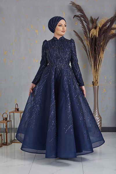 Surikka Princess Evening Dress with Applique Detail on the Front and Lace on the Back Navy Blue