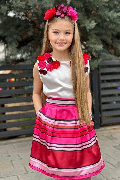 Riccotarz Girl's 3D Rose Embroidered Blouse Colorful Stripe Detailed Fuchsia Skirt Suit
