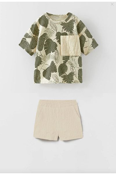 Monila Boy's Leaf Patterned Muslin Fabric Crew Neck Bottom Set