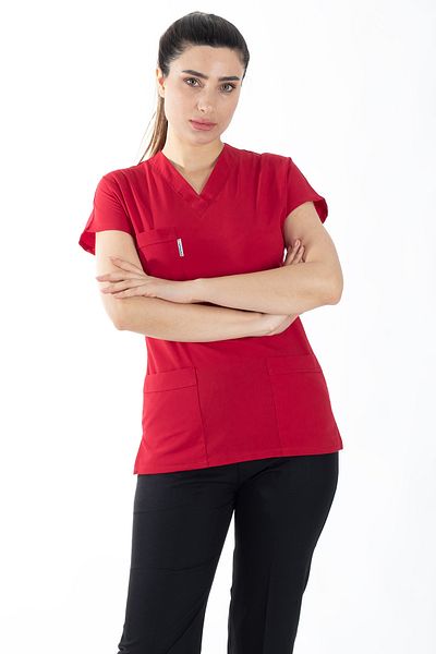 Alsancak Üniforma Red/Black Lycra Thick Fabric Scrubs Doctor Nurse Jersey Bat Sleeve Set