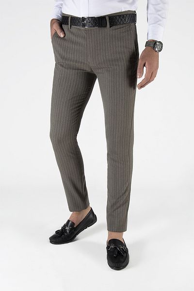 ADEGO Men's Slim Fit Linen Trousers - Vertical Striped, Brown
